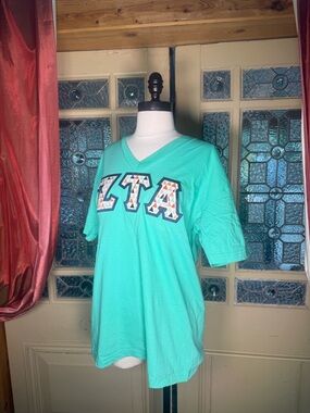 American Apparel Teal V-Neck Short Sleeve Tee with Multicolor Lettering